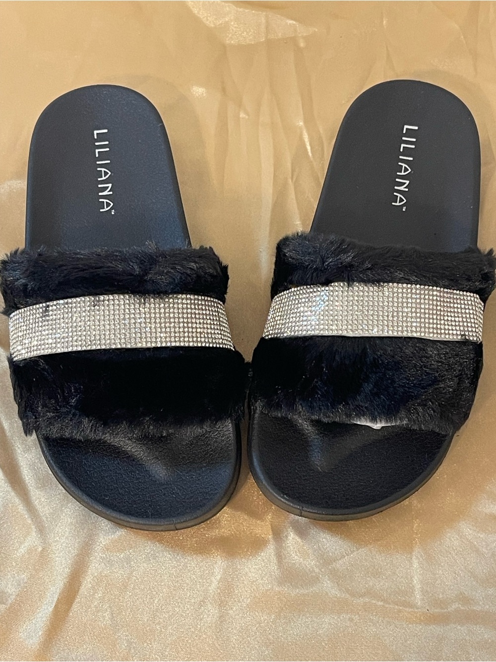 Liliana Black Faux Fur Slides with Rhinestone Accent
